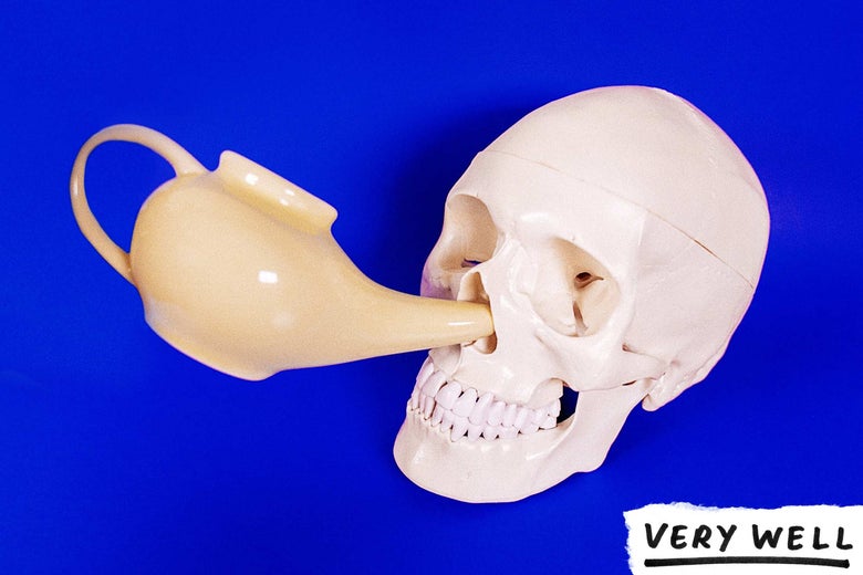 Neti Pot irrigating the nasal passages of a human skull on a blue background.